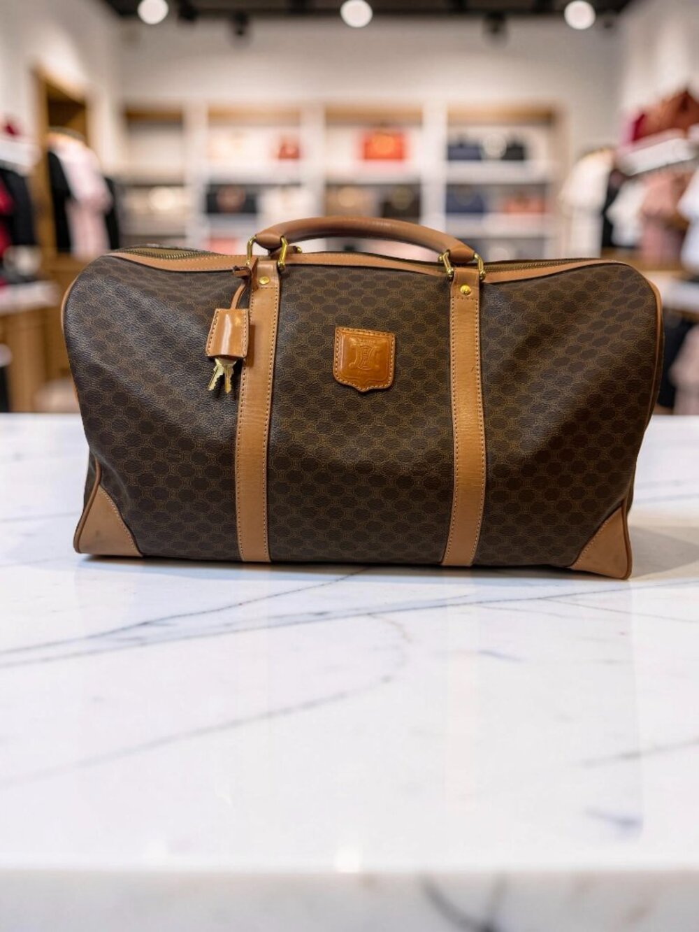 Vintage CELINE Macadam Boston Travel Duffle Bag Monogram Canvas + Lock & Key inc